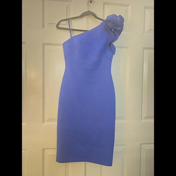 Eliza J One Shoulder Sheath Scuba Rose Women Midi Blue Dress Size 4 - Picture 2 of 5